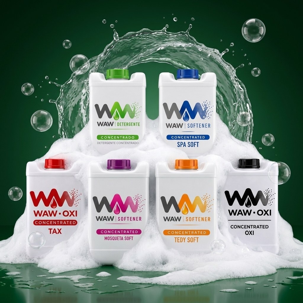 Las seis referencias de WAW entre burbujas y espuma: detergente concentrado, suavizantes Mosqueta, Spa y Tedy, desengrasante Oxi Tax y oxigenante Oxi.
